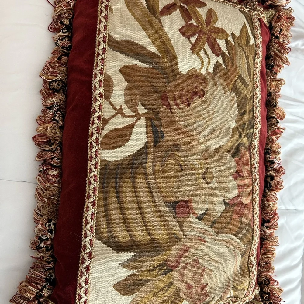 Decorative Floral Tapestry Accent Pillow in Gold, burgundy and Cream